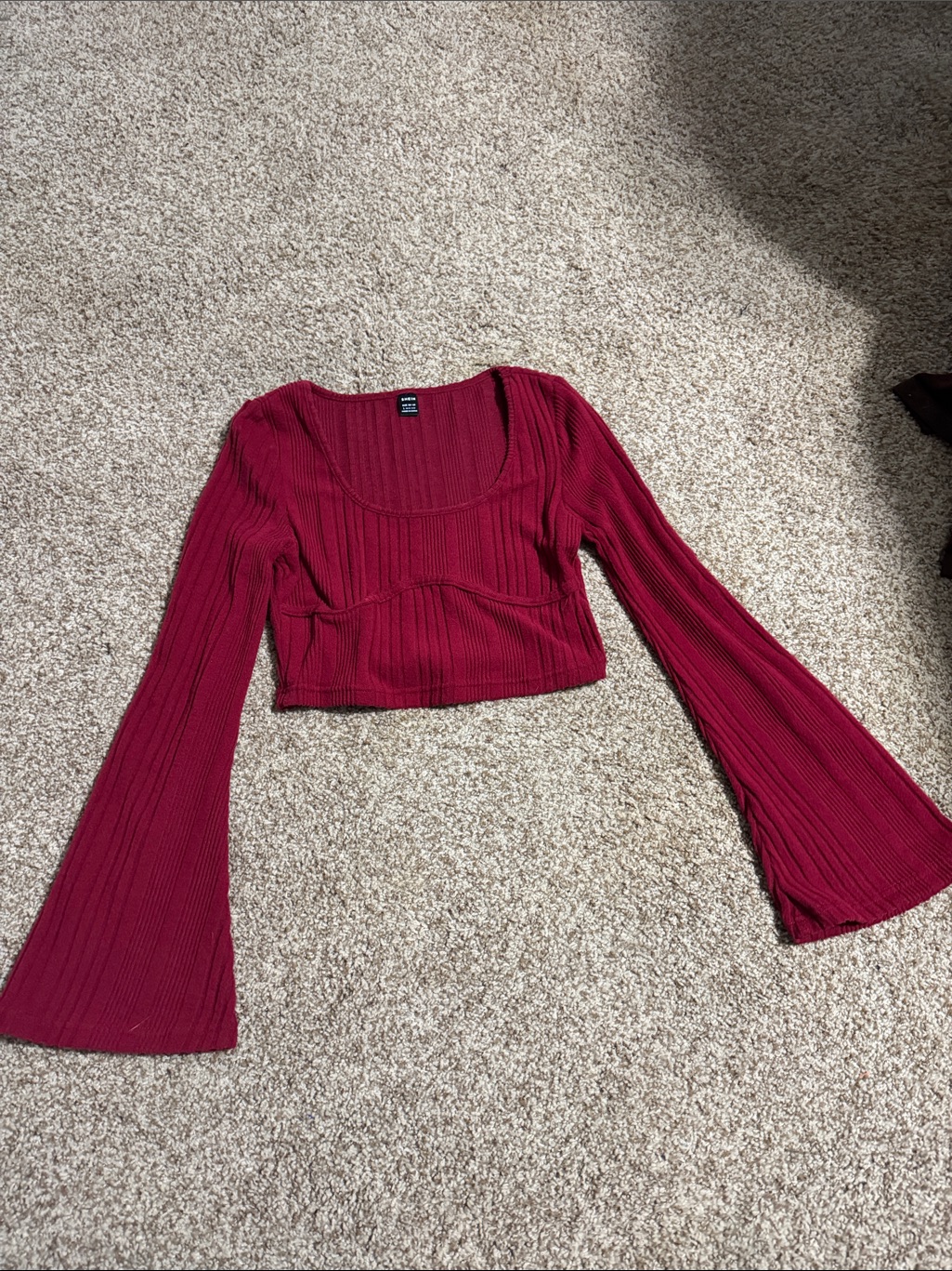 Shein Burgundy Ribbed Bell-Sleeve Crop Top
